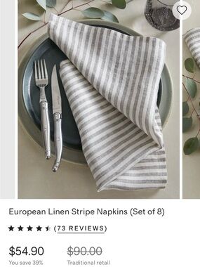 Quince Grey and White Striped European Linen Napkins - Set of 8